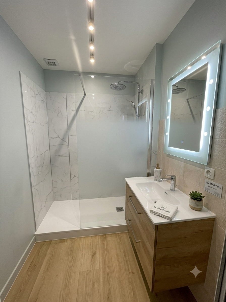 Simple et beau Salle de bains moderne avec douche, meuble en bois et éclairage LED au plafond.
