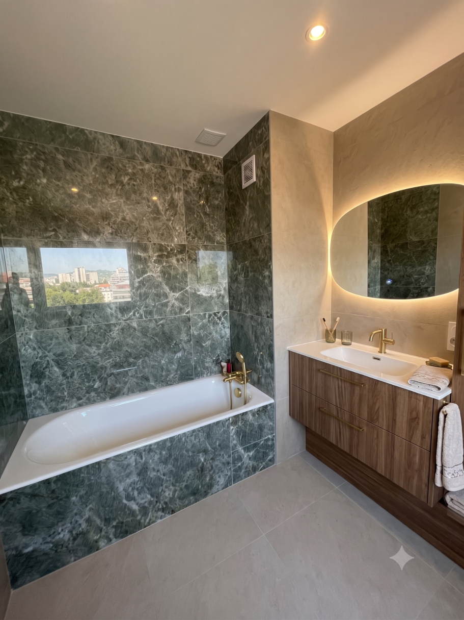 Luxe Émeraude et Finitions Laiton Salle de bain moderne avec baignoire, murs en marbre vert et meuble sous vasque en bois.