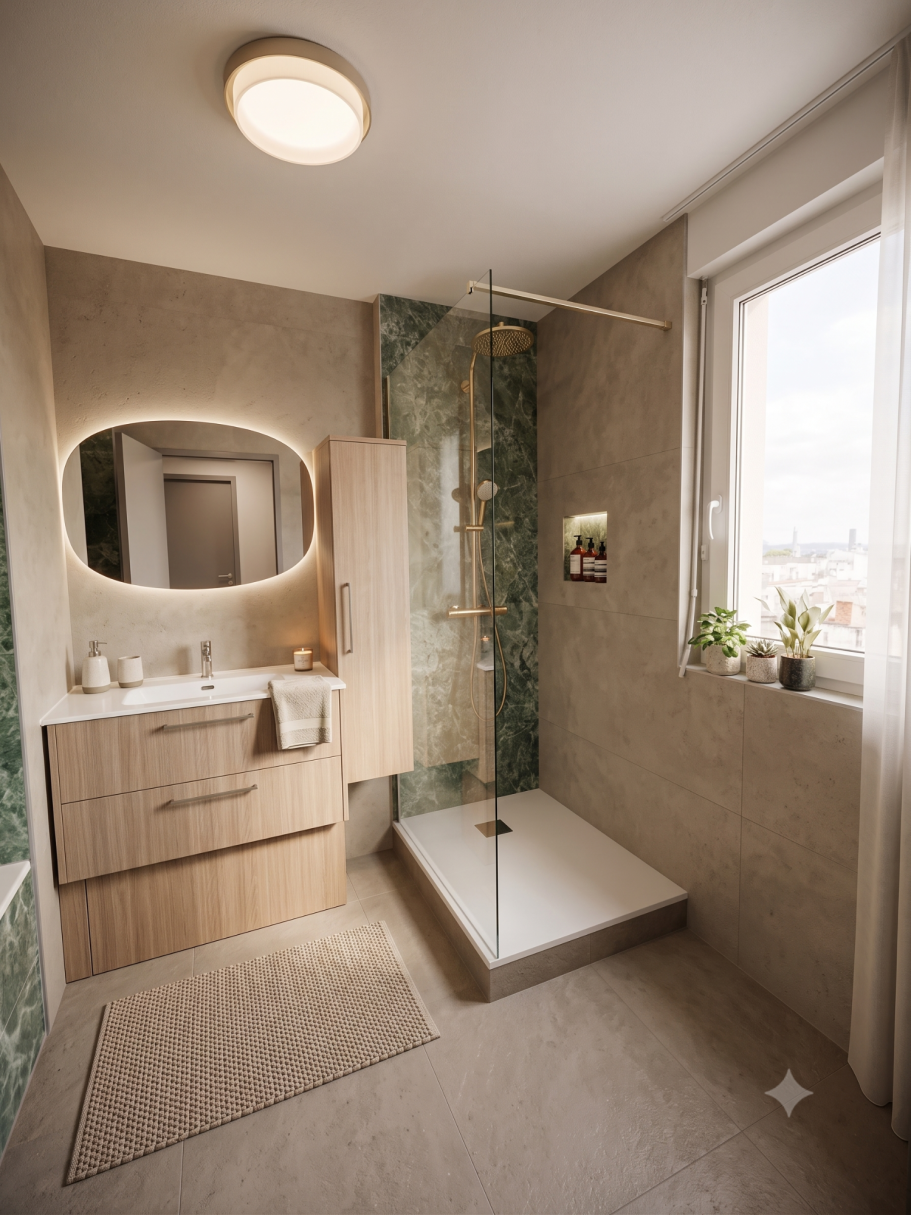Élégance Minérale & Chaleur du Bois Salle de bain moderne avec douche vitrée, meuble en bois et lumière naturelle.