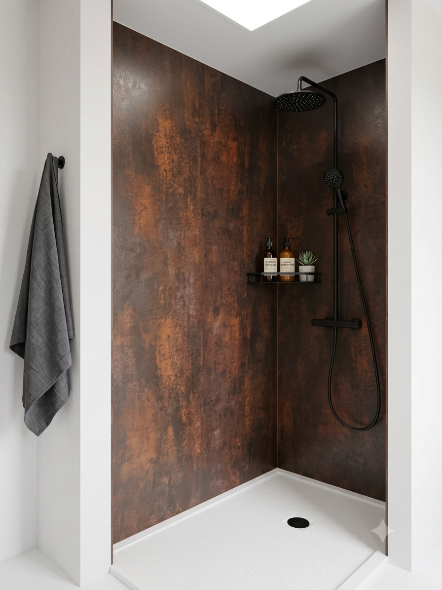 Patine Industrielle et Noir Minimaliste Douche moderne avec un mur en finition effet rustique et des accessoires noirs.