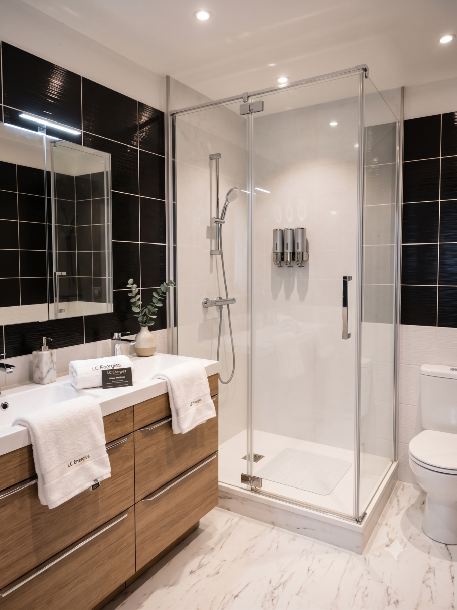 Contemporain Salle de bain moderne avec douche en verre, meuble en bois et carrelage noir.